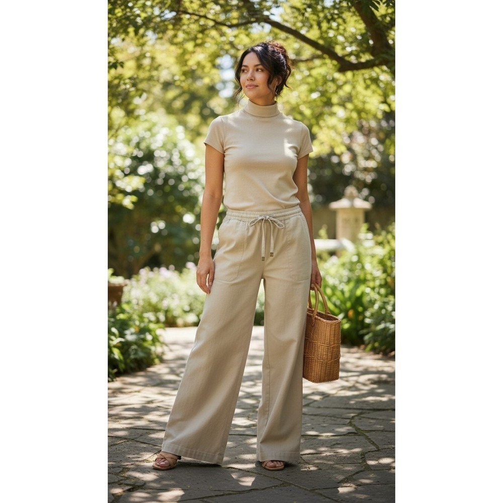 Tommy Bahama Relaxed Leigh Fit Tan Linen Wide Leg Drawstring Pants 6 Two Palms